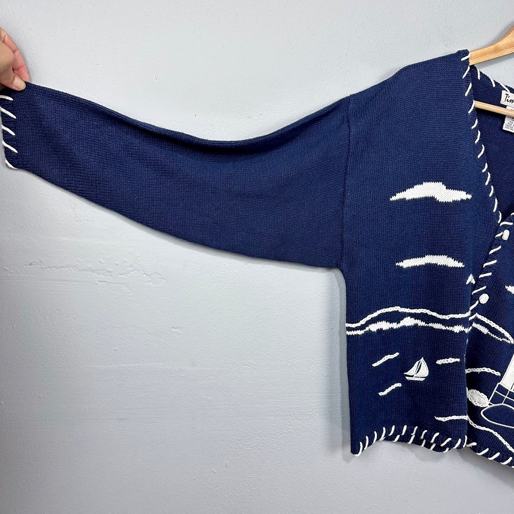 Vintage Cardigan Top Set Womens Size L Navy Blue Nautical Lighthouse Timberlea - Picture 9 of 15